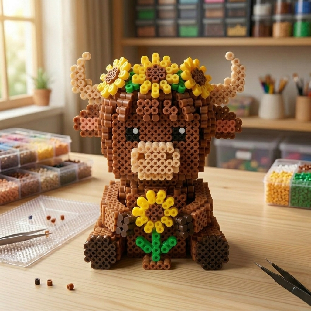 🌻 Sunflower Highland Cow 3D Perler Bead Kit