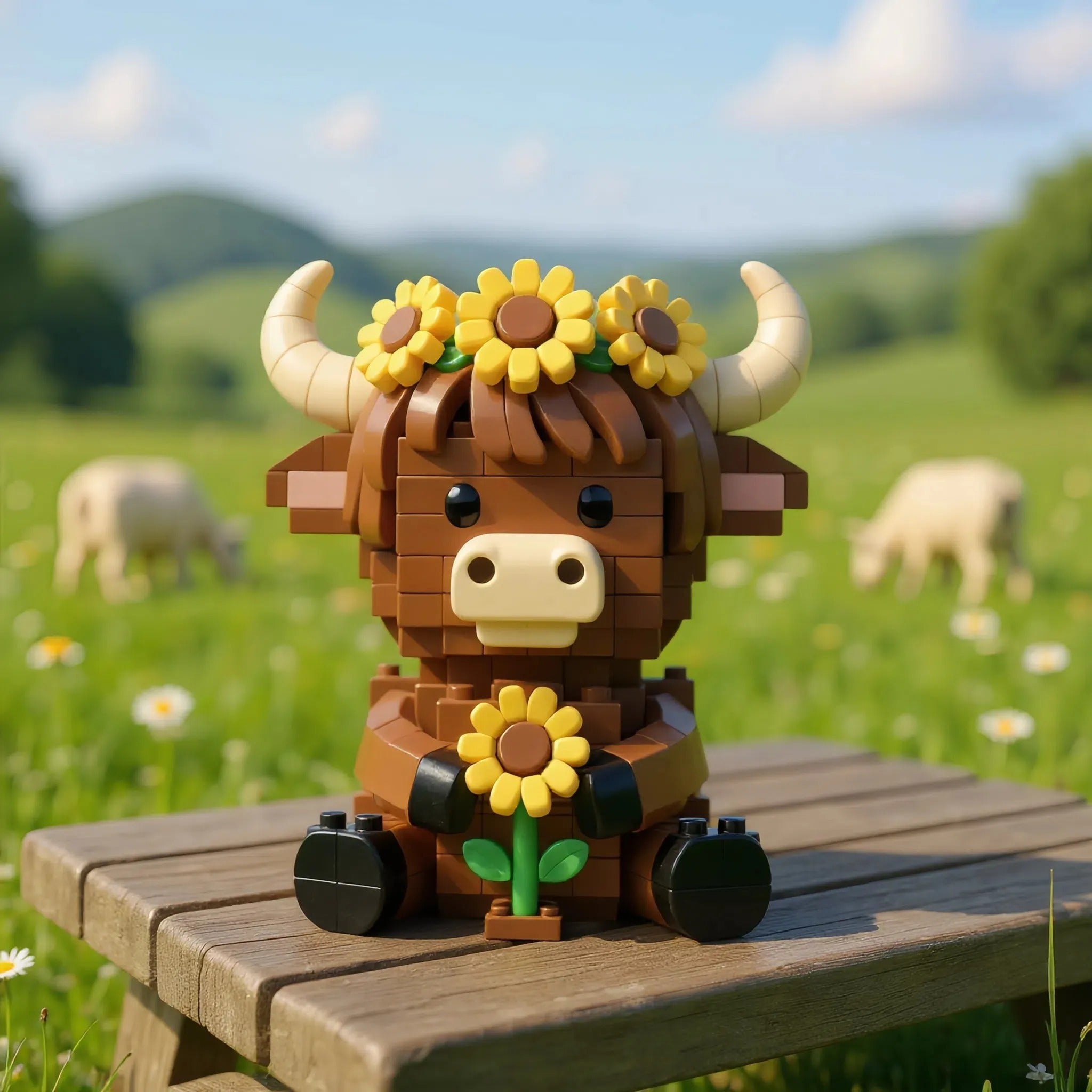 🐮🌻 Sunflower Highland Cow Collector Brick Display Set
