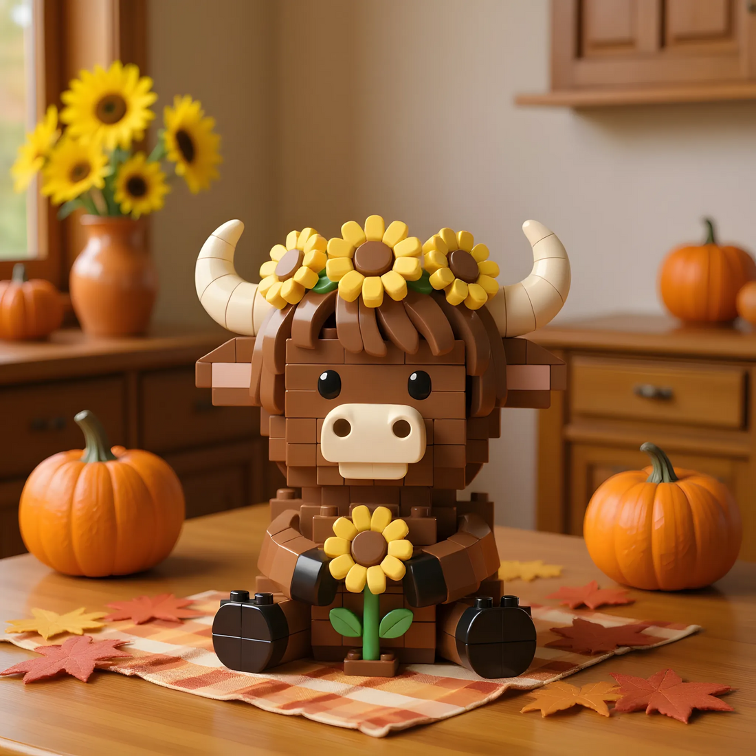 Highland Cow Building Blocks Figure with Sunflower Crown