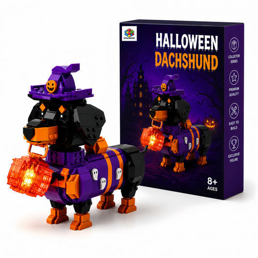 Halloween Dachshund Brick Set – Cute Witch Dog Building Toy with Glowing Lantern