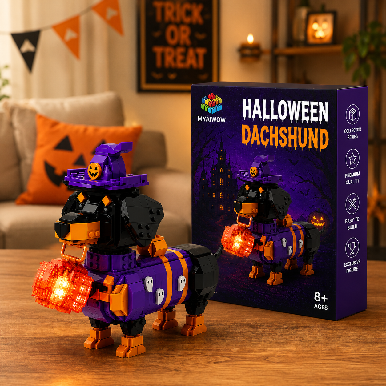 Halloween Dachshund Brick Set – Cute Witch Dog Building Toy with Glowing Lantern