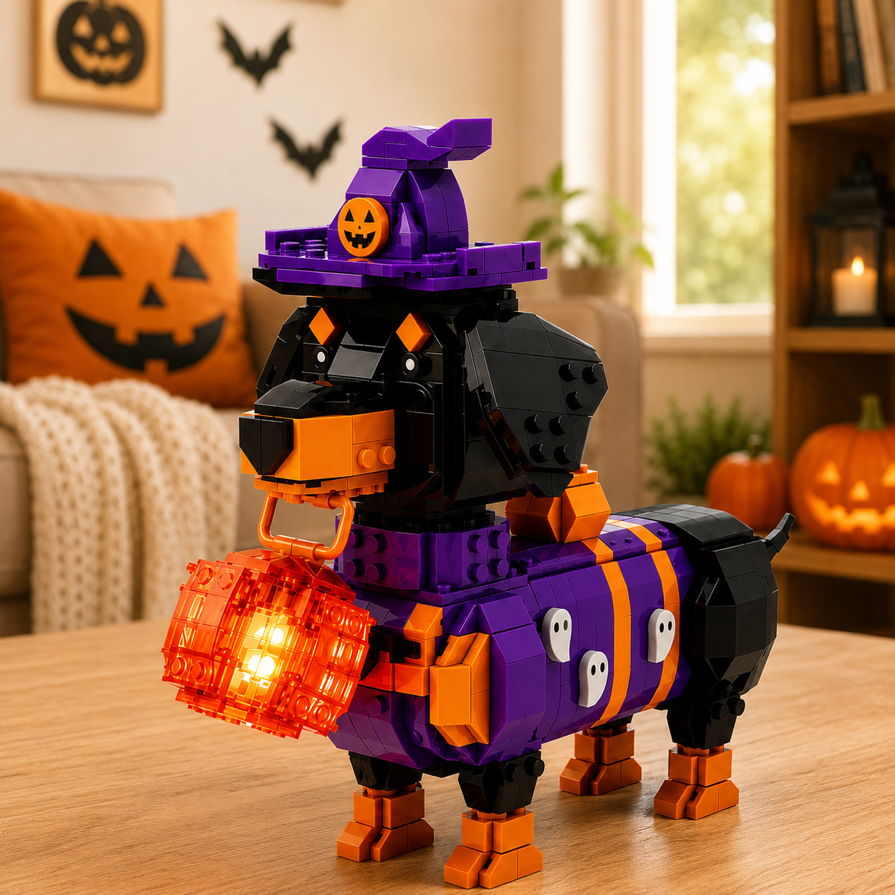 Halloween Dachshund Brick Set – Cute Witch Dog Building Toy with Glowing Lantern