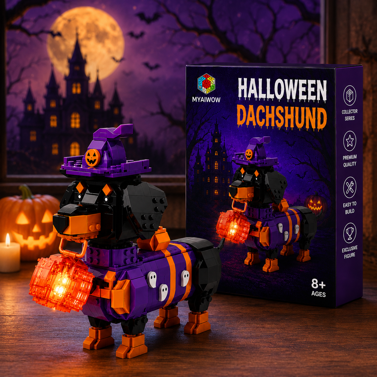Halloween Dachshund Brick Set – Cute Witch Dog Building Toy with Glowing Lantern