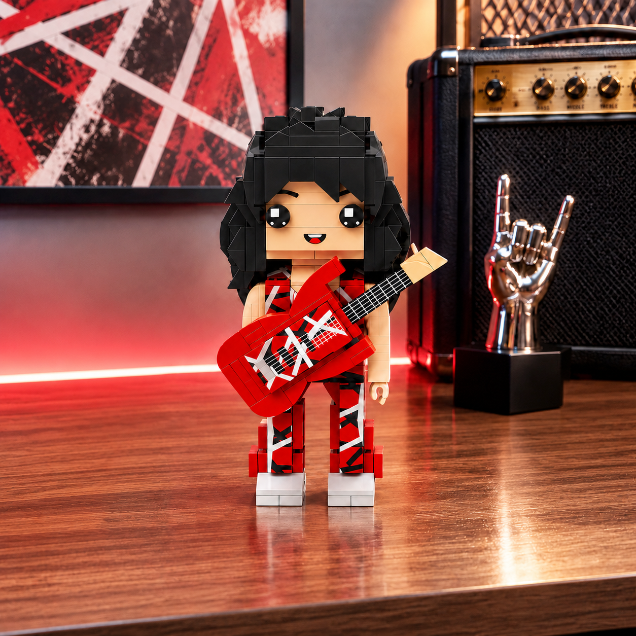 Retro Rock Guitar Brick Figure – Red Stripe Edition