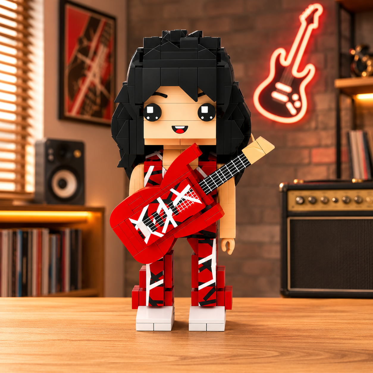 Retro Rock Guitar Brick Figure – Red Stripe Edition